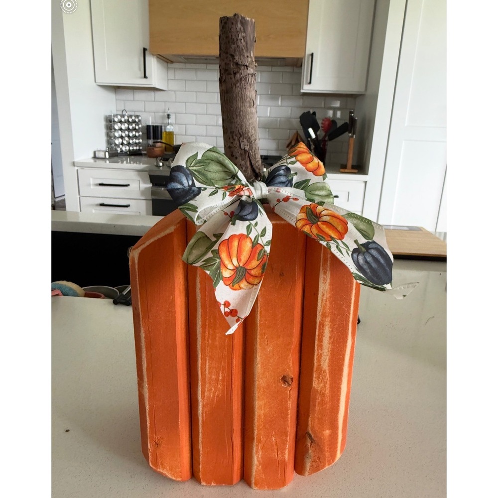 Rustic Handcrafted Slatted Wood Pumpkin Fall Decor with Branch Stem and Bow